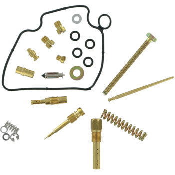 The Honda Carburetor Repair Kit by K&L Supply includes a needle and seat, brass jets, springs, washers, gaskets, O-rings, and small metal parts, all neatly arranged on a white background.
