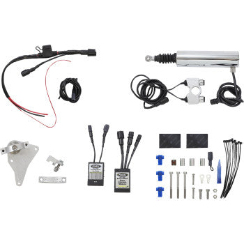 The Shift Kit Yamaha Raptor by Pingel, featuring a wiring harness, actuator, control modules, brackets, screws, connectors, zip ties, and tools for smooth push button shifting, is arranged on a white background.