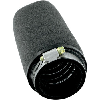 The Pod Air Filter Black Centered by Uni Filter is a cylindrical foam filter with a black outer layer, seamless design, urethane mounting base, and includes a metal hose clamp for secure engine intake installation.