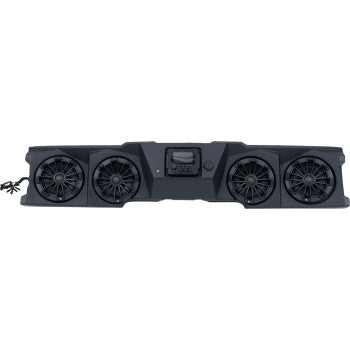 The Can Am Defender Audio Visor Stage 4 by Mb Quart is a black overhead audio unit with four coaxial speakers and a central control panel, designed for UTVs and off-road vehicles.