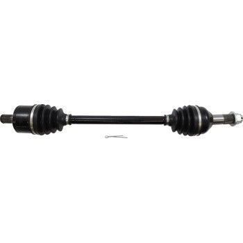 Black metal rear axle shaft with rubber protective boots on both ends and a small metal pin lying beneath it.
