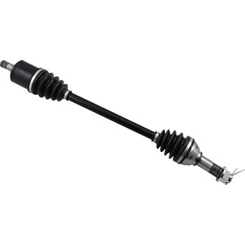 Black metal axle shaft with rubber accordion-style boots on both ends and silver metal connectors for offroad vehicle use.