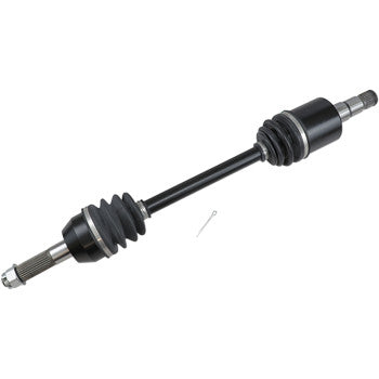The Polaris Ranger Axle Complete Heavy Duty Rear Right by Demon, featuring black rubber boots and CNC-machined chromoly steel splines, is shown isolated on a white background—perfect for rugged vehicle drivetrains.