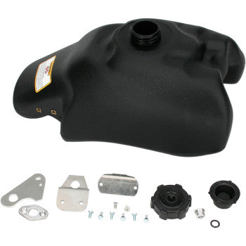 The Honda Large Capacity Gas Tank Black 3.2 Gallon by Ims Products Inc. is shown with mounting brackets, screws, fuel cap, and fitting—all hardware included—displayed on a white background for reliable fuel storage.