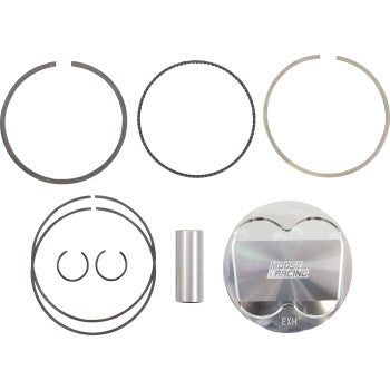 The Suzuki Piston Kit 102.00 mm by Moose Offroad is shown on a white background, featuring a piston with X-style forgings, three piston rings, a wrist pin, two circlips, and a small thin ring—all arranged neatly.