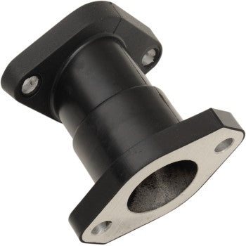 The Yamaha Carburetor Intake Boot by Wsm is a black metal or plastic flange with a cylindrical center and flat, rectangular ends featuring screw holes. Its design is ethanol resistant, with a central opening running through its full length.