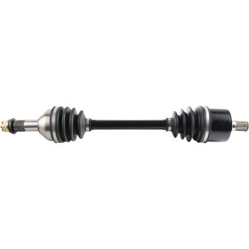 Black metal CV axle with rubber protective boots on both ends and silver splined shafts for Can Am Maverick Trail offroad.