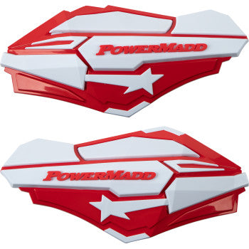The Sentinel Hand Guards Red White by Powermadd feature bold red and white angular designs, a white star detail, and "PowerMadd" in striking red letters—durable handguards perfect for any ride.