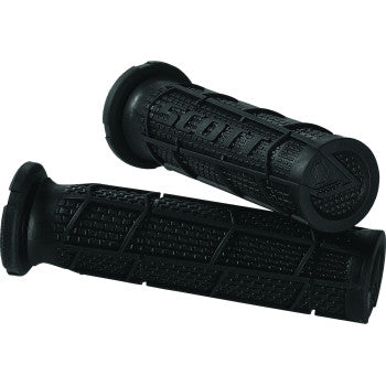 A pair of black ATV Radial Full Waffle Grips by Scott, featuring a textured waffle design, embossed Scott logo, safety wire channels, and raised patterns, displayed against a white background.