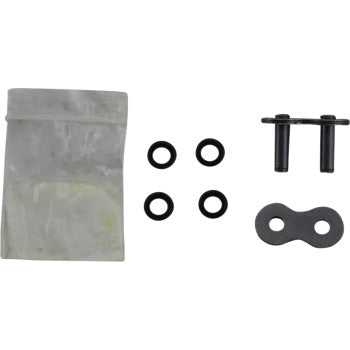 The 520 X1R3 Rivet Connecting Link by JT Chains comes with a plastic pouch, four black O-rings, two metal pins, and one replacement connecting link plate, all displayed on a white background.