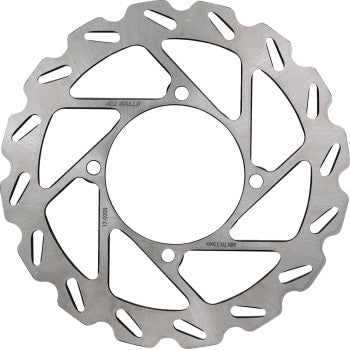 The Polaris Brake Rotor by All Balls is a silver, round stainless steel disc with a wavy outer edge and cut-out patterns for enhanced braking, shown against a white background.