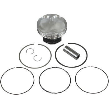 The Polaris Piston Kit 93.00 mm by Wiseco includes a forged 4-stroke piston, wrist pin, two circlips, and four piston rings, displayed neatly on a white background.