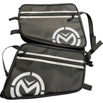 Two black CF Moto Door Bags by Moose Offroad feature waterproof zippers and a bold white circular logo with a stylized M. These water-resistant bags attach securely to your bike frame, adding extra storage for your essentials.