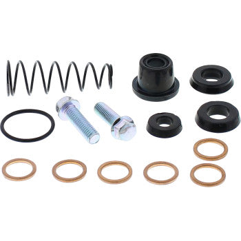 The Master Cylinder Rebuild Kit Rear by All Balls features two bolts, a spring, rubber and metal washers, O-rings, and black plastic bushings, all arranged neatly on a white background.