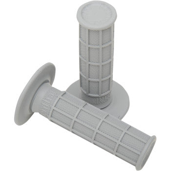 Pair of light gray offroad motorcycle grips with waffle texture and flanged ends.