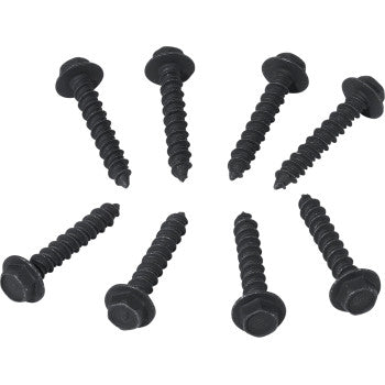 Eight black hex flange clutch cover screws with coarse threads arranged in a circular pattern on a white background.