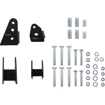 The Kawasaki Teryx Lift Kit by Demon features an assorted metal hardware kit—black brackets, bolts, nuts, washers, and silver spacers—ideal for lift kit installs or boosting ground clearance, all neatly arranged on a white background.