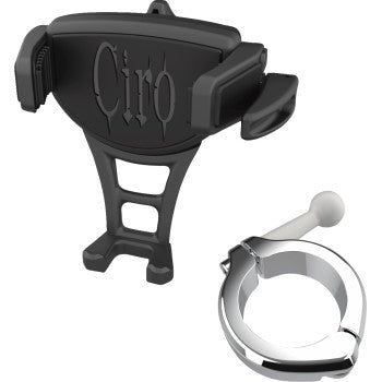 The Ciro Phone Holder Constrictor in black chrome fits 1-1/2 handlebars and features an adjustable, secure phone mount with a round metal clamp for easy motorcycle attachment.