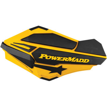 Yellow and black angular Powermadd Sentinel handguard with bold logo and star design, rugged plastic material.
