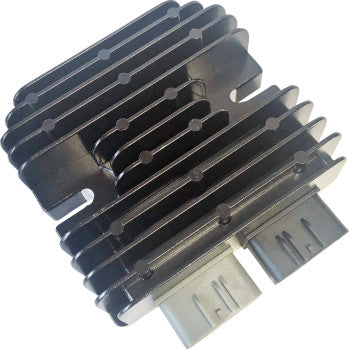Black rectangular Can Am rectifier regulator with cooling fins and two gray electrical connectors on one side.