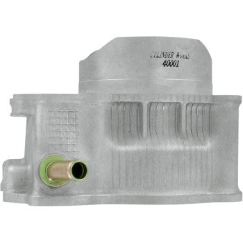 A silver metal engine cylinder with ridged surface and green-tipped front pipe. "CYLINDER Works 40001" is engraved on top. Features a durable nickel silicon carbide-plated finish. Product: Kawasaki-Suzuki-Arctic Cat Cylinder 90.00 mm by Cylinder Works.