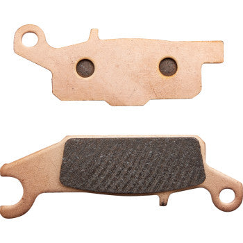 Two Sintered Brake Pads by All Balls are shown: one displays its dark friction surface for powerful stopping, the other its flat metal backing. Both pads have holes and notches designed for easy mounting.