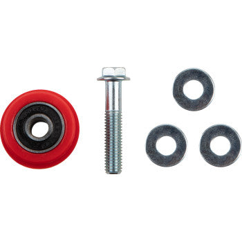 Red circular chain roller with black inner bearing, silver metal bolt, and three black washers.