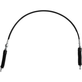 Black flexible shifter cable with metal end connectors and protective accordion boots on both ends.