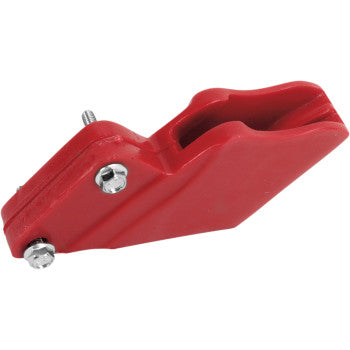 The Honda TRX R Rear Chain Slider Red by Moose Offroad is a red plastic guide with a grooved notch and two metal screws, designed to install or align parts. Made in the U.S.A.