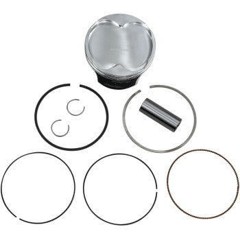 The Polaris Piston Kit 99.00 mm by Wiseco for 4-stroke engines includes a piston, wrist pin, two circlips, and multiple piston rings, all shown on a white background. Made in the USA.