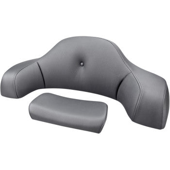 The Indian Tour-Pak® Backrest Pad - Pillow Top by Saddlemen is a gray, padded motorcycle passenger backrest with a smooth leather-like finish, simple stitching, and a single central button tuft.