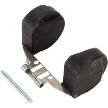 Black plastic dual floats attached to a silver metal bracket with a small metal pin alongside.