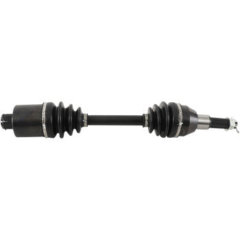 The Sportsman Axle Kit Complete 8 Ball Extreme Duty Rear Left & Right Worker Super Utility by All Balls features a black chromoly shaft, ribbed rubber boots, precision ball bearings, metal clamps, and splined ends—shown on a white background.