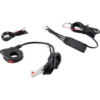 The Heated Grip Thumb Switch USB C Charger Black by Koso North America features connectors, cables, a round sensor, and a USB charging port, all shown on a white background.