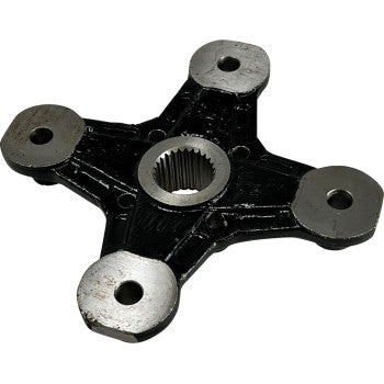 Black metal five-arm wheel hub with silver circular mounting points and central splined bore for Can Am vehicles.
