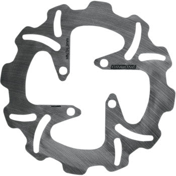 Round Yamaha YFZ brake rotor with six mounting holes and curved cutouts in brushed metal finish.