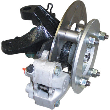 A close-up of a Honda Front Disc Brake Kit by High Lifter, showing dual-piston calipers, rotor, hub, and bracket with bolts—perfect inspiration for your Honda ATV disc brake conversion project.