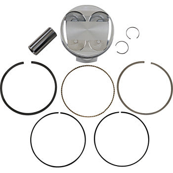 The Piston Kit by Je Pistons includes a forged aluminum piston, wrist pin, two circlips, and five assorted piston rings, all neatly arranged on a white background.
