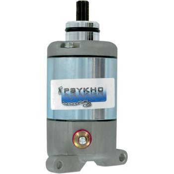The Starter KLF220 250 by Psykho features a metallic cylindrical body, blue "PSYKHO" label, black top gear, and two base mounting holes—ideal as an OEM replacement or for reliable performance in new starter setups.