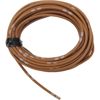 The 13' Wire Spool 14A 12V Brown by Shindy features a coiled brown insulated wire with white markings, secured by a black cable tie. One end extends from the coil for easy use.