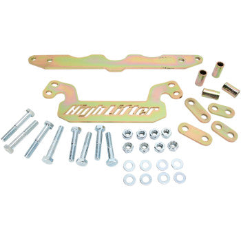 The Lift Kit Front Back 2.00 by High Lifter features gold-colored metal brackets and complete mounting hardware, designed for UTVs and ATVs to boost ground clearance. All parts are neatly displayed on a white background.