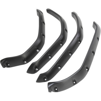 Four Yamaha Fender Flares Textured Black by Maier, made from high-density polypropylene with multiple screw holes for easy mounting, are arranged side by side on a white background.