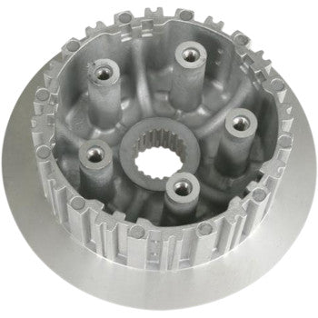 Metallic, circular mechanical part with gear-like edges, central splined hole, and multiple cylindrical protrusions; appears to be the Clutch Inner Hub T by Prox, a die-cast alloy component viewed from above.