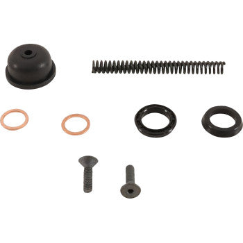 The Brake Master Cylinder Rebuild Kit Front by All Balls includes a spring, two screws, an EPDM rubber cap, two copper washers, and two circular seals, all shown neatly arranged on a white background.