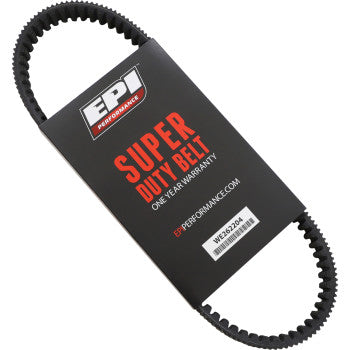 The Drive Belt by Epi is a black, ribbed belt with aramid cord, packed in a black sleeve labeled EP Performance Super Duty Belt – One Year Warranty and website link; perfect for tough ATV and UTV use.