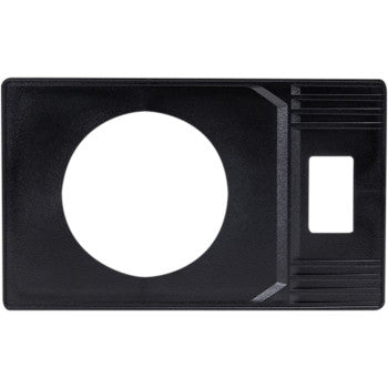 The Polaris RZR Radio Mount by Mb Quart is a black rectangular plastic card with a large circular cutout on the left, a smaller rectangular cutout on the right, and raised lines—designed as a dash mount and gauge-style radio slot.
