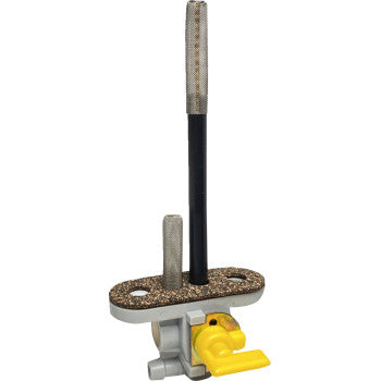 The Polaris Fuel Valve On Off by Quad Logic is an OEM replacement valve with a yellow handle, vertical rods, and is mounted on a metal plate featuring two holes for installation.