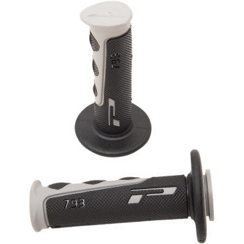Grips 793 Gray / Black by Pro Grip are dual-density grips with flared ends, designed for 7/8 handlebars and twist throttles. They feature the number 793, a stylized logo, and mixed textures for enhanced control.