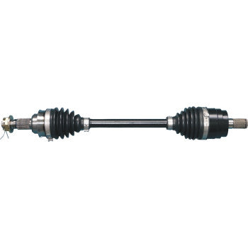 The Honda TRX CV Axle Kit Complete Rear Left & Right Heavy Duty by Moose Offroad features a black drive shaft with rubber boots, metal joints on both ends, and a chromoly steel center shaft, shown on a white background.