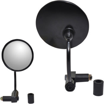 The Bar End Round Mirror Black 7/8 by Parts Unlimited is shown from two angles, featuring a black round mirror with a slim stem and reflective surface, plus two cylindrical mounts for 1 and 7/8 handlebars.
